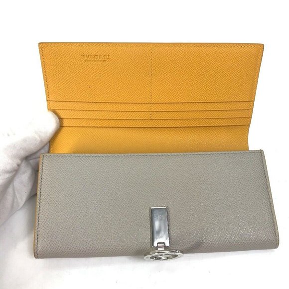 BVLGARI Bulgari Bulgari Logo clip Two fold Folded wallet Leather Gray x Yellow - Picture 7 of 16